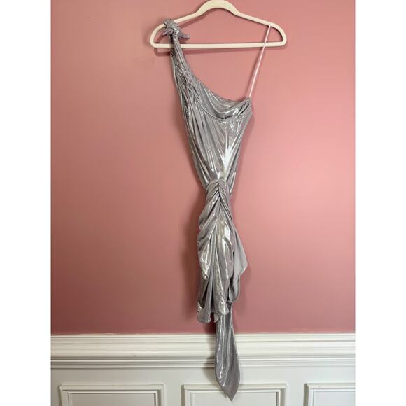 Show Me Your Mumu Genevieve One-Shoulder Wrap Mini Dress Silver Size XS - Picture 7 of 8